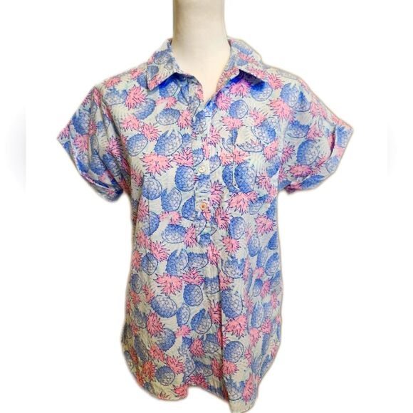 Vineyard Vines Pineapple Printed Blouse, Button Front Rolled Sleeves, 6 - Picture 1 of 11